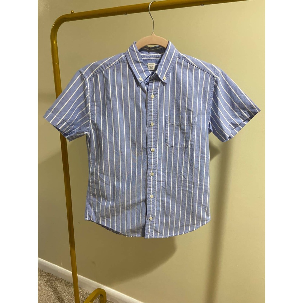 Crewcuts Boys Blue White Striped Short Sleeve Oxford Button Down‎ Shirt Size 14